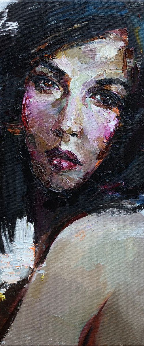 Black-haired woman portrait - Original oil painting 50 x 60 cm by Anastasiia Valiulina