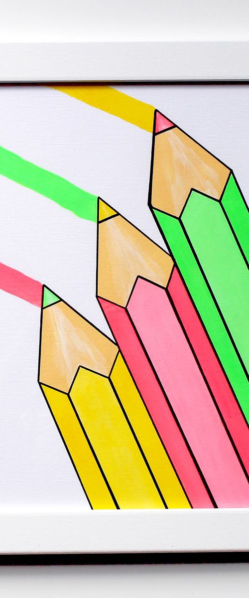 Colourful Pencils Pop Art Painting On Unframed A4 Paper by Ian Viggars
