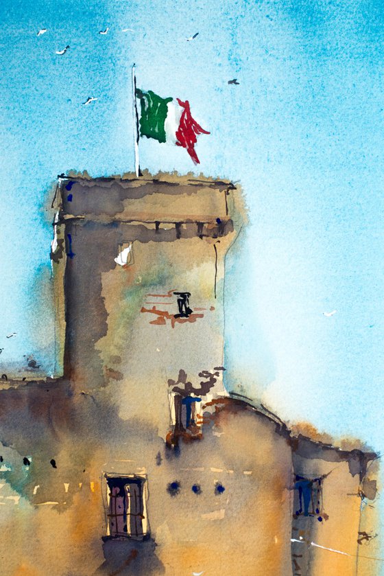 Liguria. Rapallo castle. Original watercolor picture.