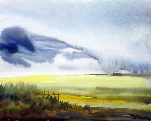 Monsoon & Corn Field - Watercolor Painting by Samiran Sarkar