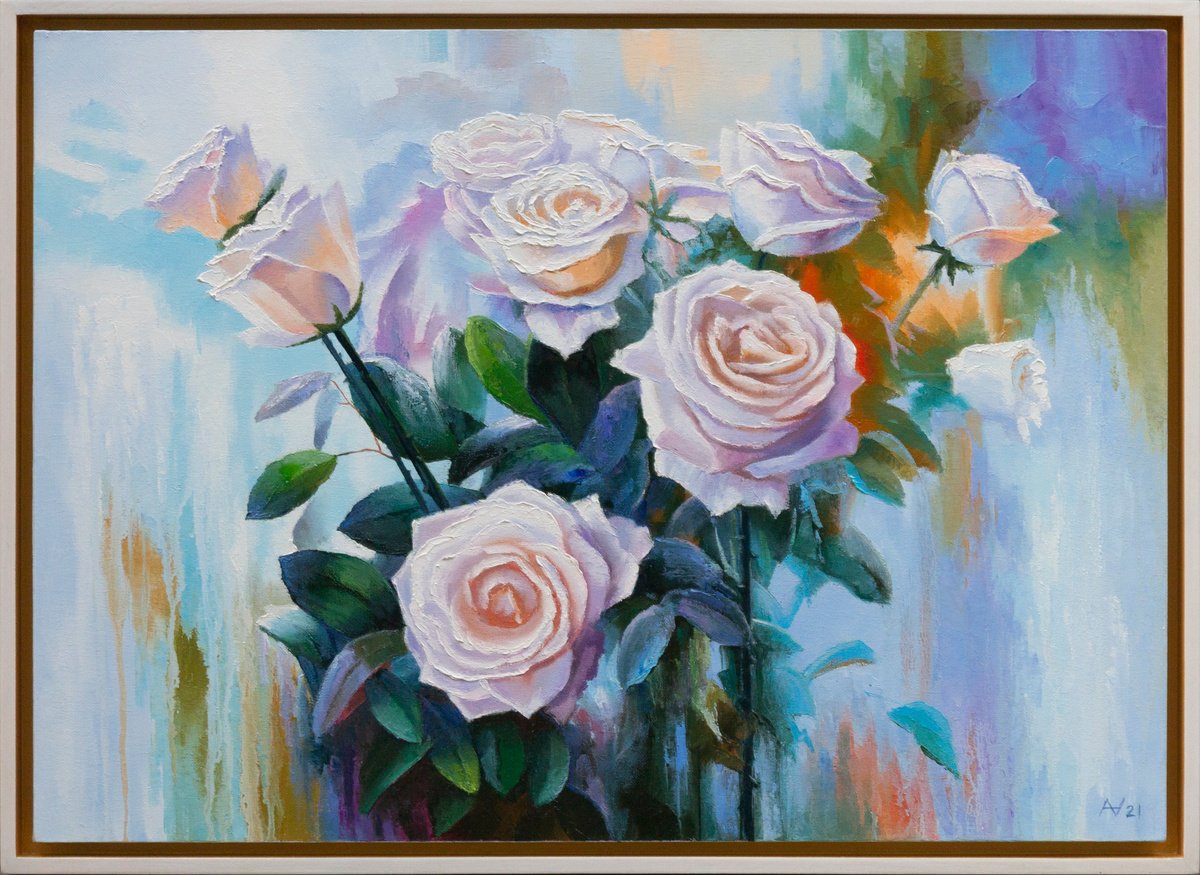 Impressionistic Botanical Oil Painting By Oleksii Vylusk, 29 X 21", White Roses, Original Artwork