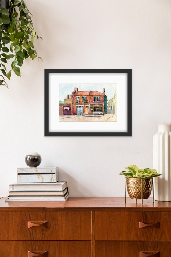 Cozy brick house in a provincial town. Original watercolor artwork.