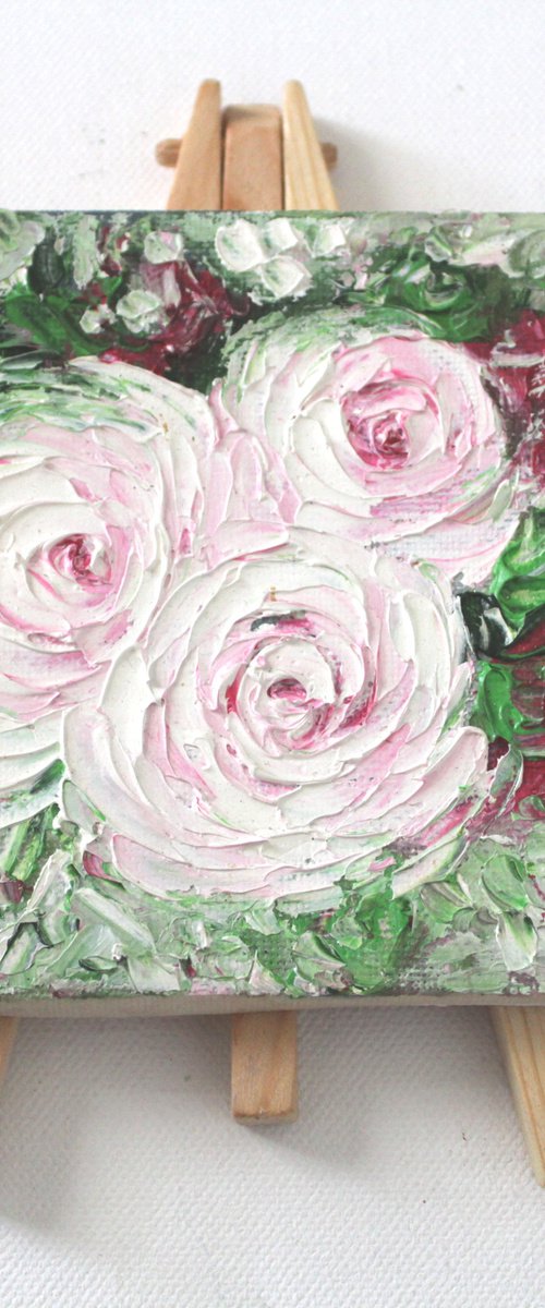 Roses - Pinkish white roses - Palette knife - textured oil painting on mini canvas and easel - gift art by Vikashini Palanisamy