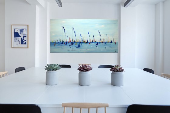 Happy Summer  - XXL  Abstract- Colourfull Sailboat Painting- Large Acrylic Art Canvas Wall Art Ready to hang