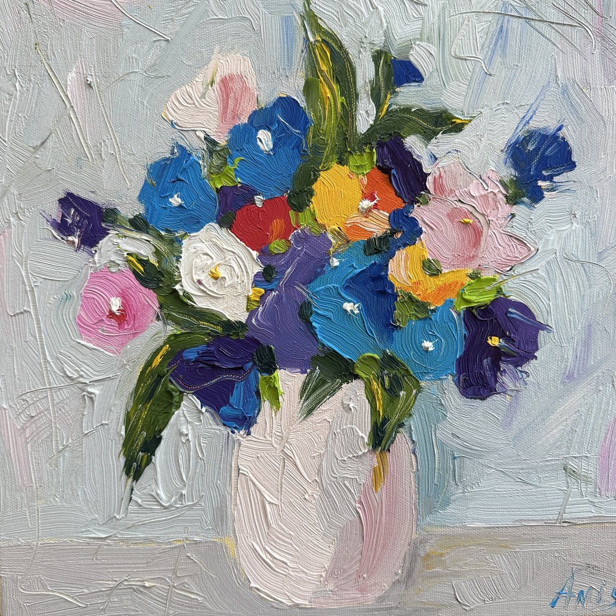 Impressionistic Botanical Oil Painting By Irina Anis, 12 X 12, A Bouquet With Blue Flowers, Original Artwork