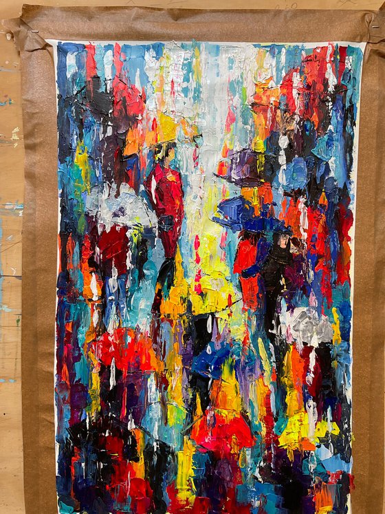 Bright umbrellas. Lady in pink