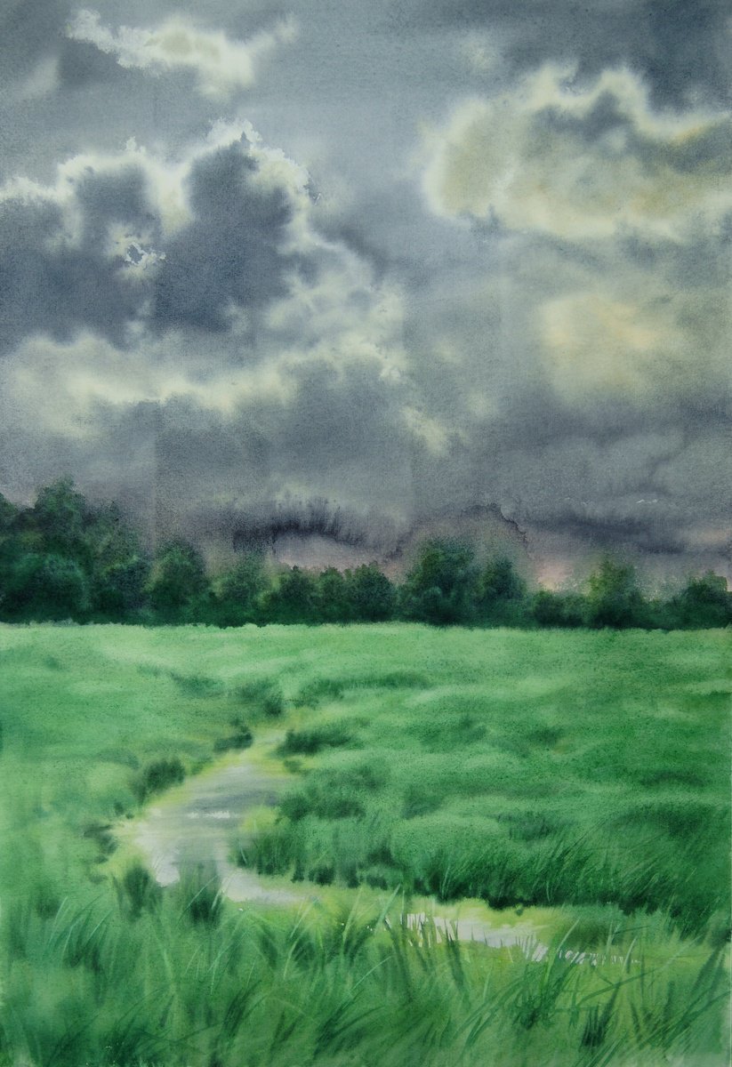 Summer Storm in the Meadow - Thunderstorm Out In the Fields by Olga Beliaeva Watercolour