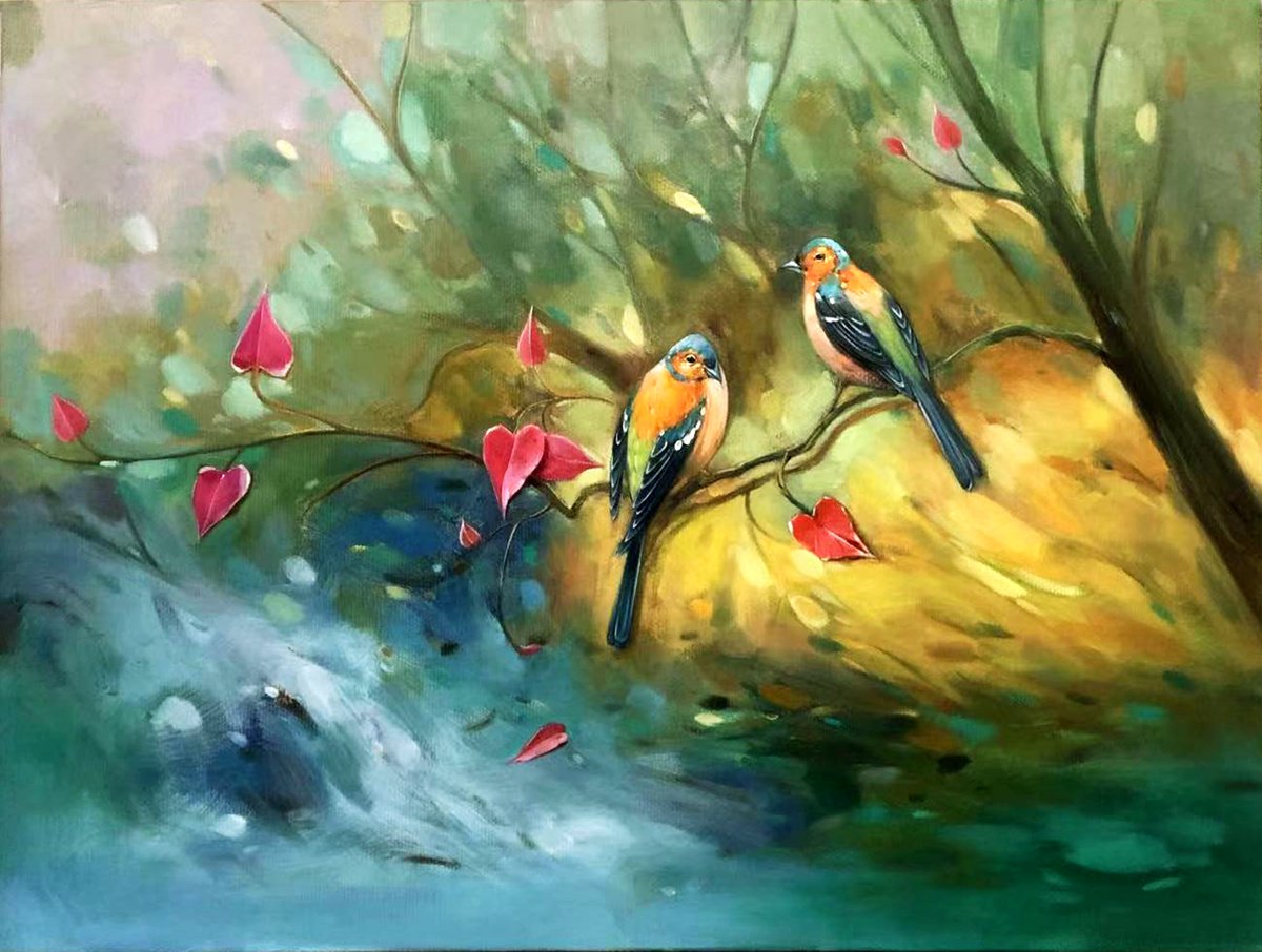 Photorealistic Animal Oil Painting By Kunlong Wang, 31 X 24", Parrots On The Branch, Original Artwork