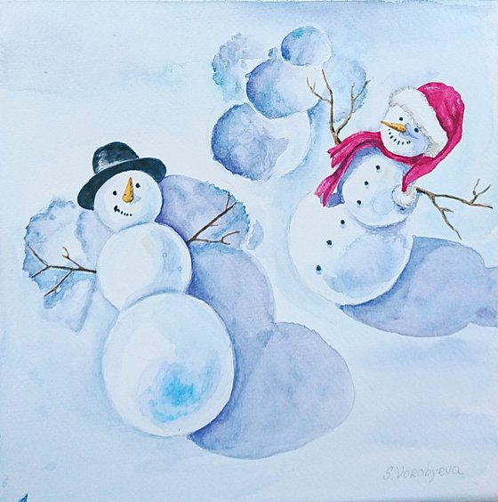 Snowmans party. Watercolor painting by Svetlana Vorobyeva