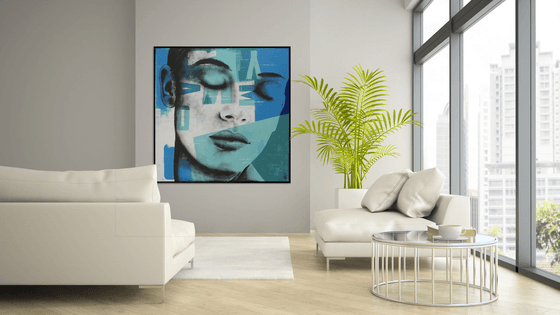 Pop Art Portrait - Close Your Eyes Blue XL Incl Frame - 125x125cm - Ronald Hunter - 27o