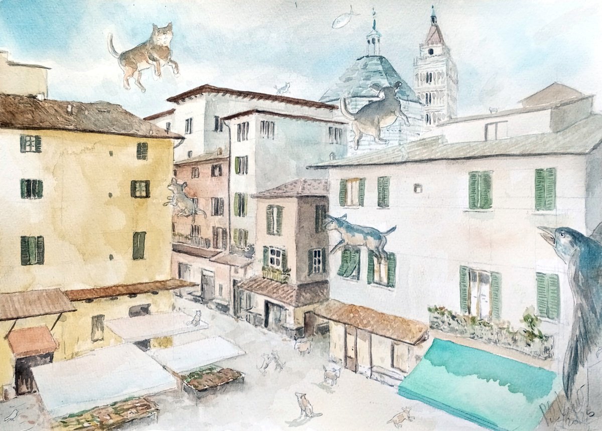 Illustrative Cityscapes Drawing By Paolo Beneforti, 17 X 12", Square In Italy With Animals, Original Artwork