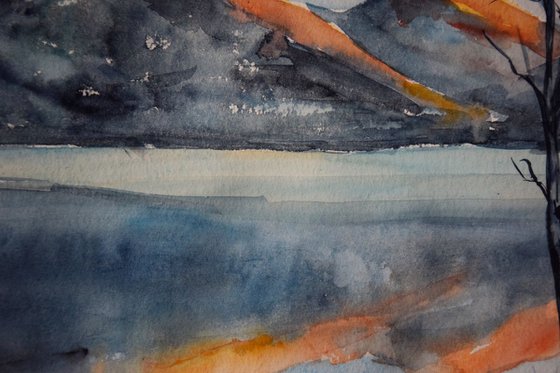 Norwegian original watercolor painting Winter mountains in Norway, snowy fjords in sunset, lake