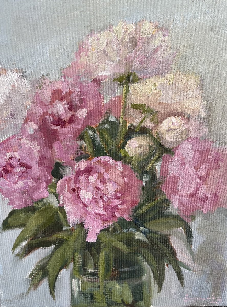 Impressionistic Botanical Oil Painting By Kate Sosonna, 11 X 14", Peonies, Original Artwork