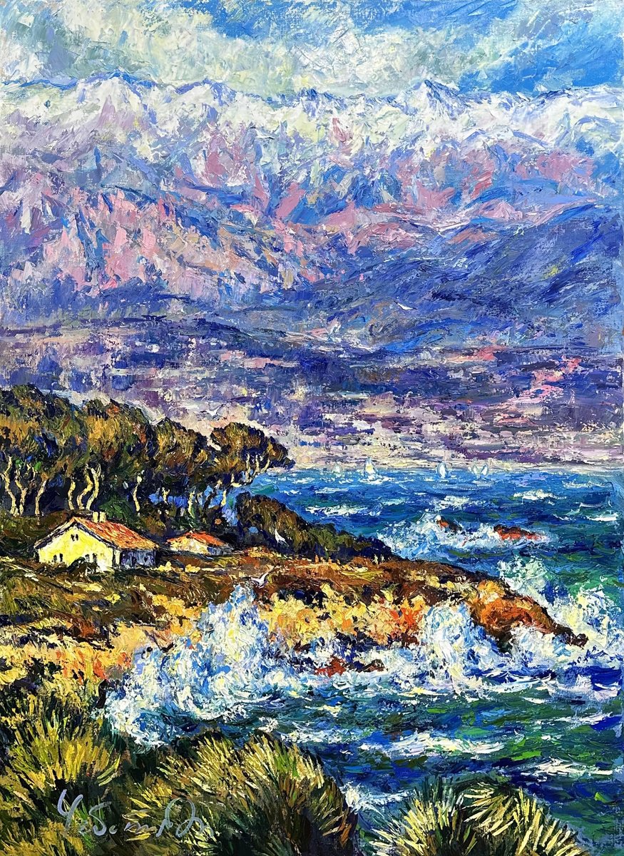Impressionistic Landscape Oil Painting By Andrii Chebotaru, 43 X 59, Radiance Of The Riviera, Original Artwork