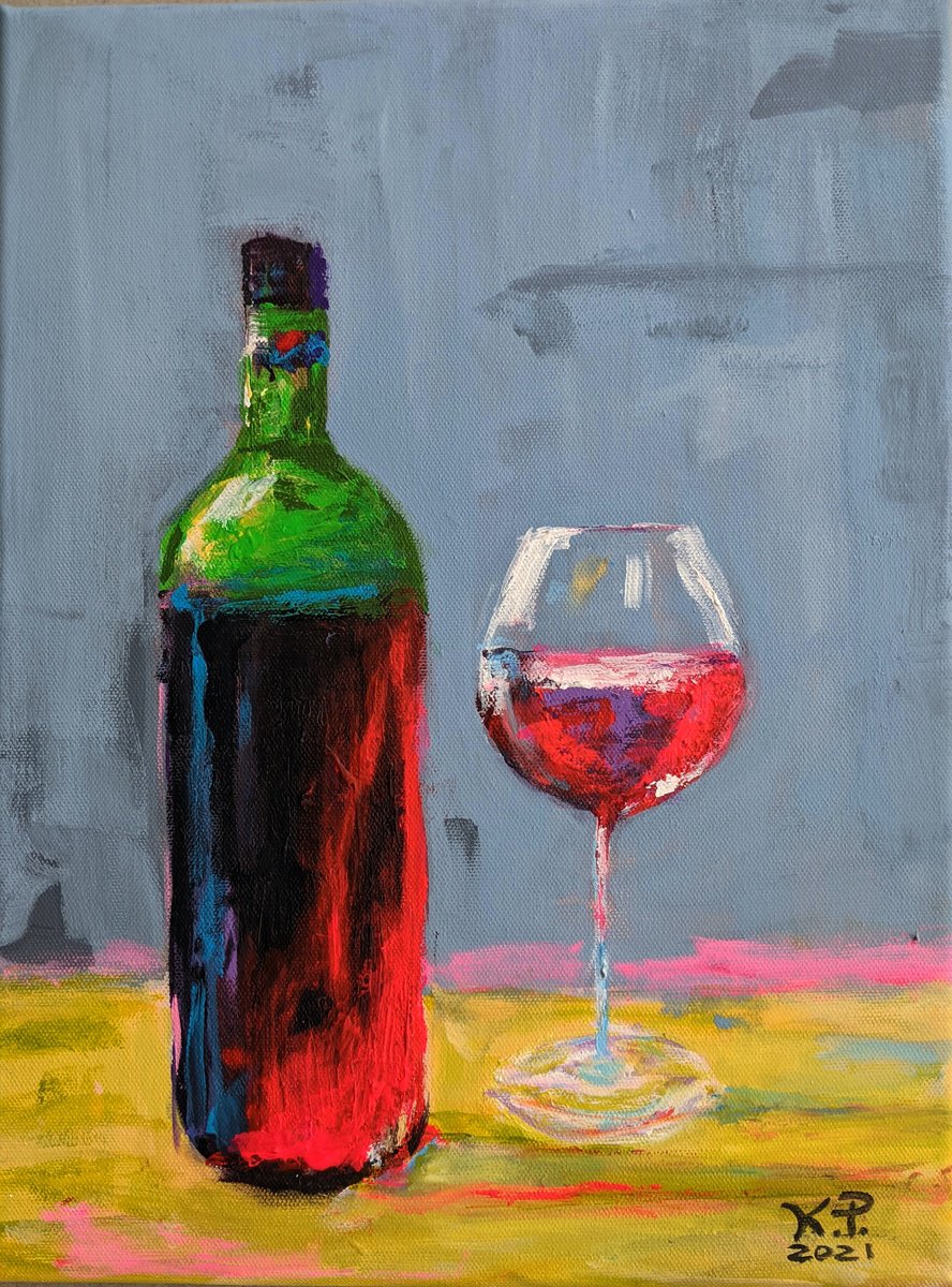 Impressionistic Still Life Acrylic Painting By Kasia Pawlak, 12 X 16", Red Wine And Summer, Original Artwork
