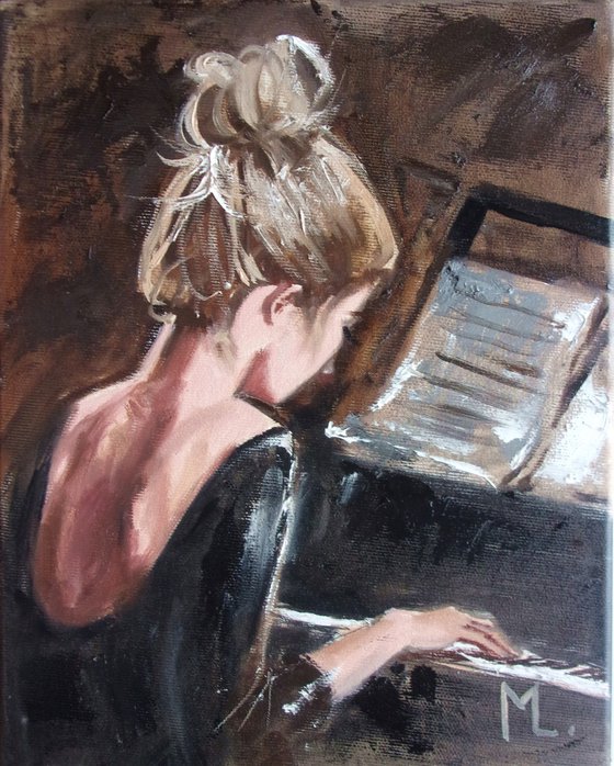 " DECEMBER MELODY "  piano music liGHt  ORIGINAL OIL PAINTING, GIFT, PALETTE KNIFE