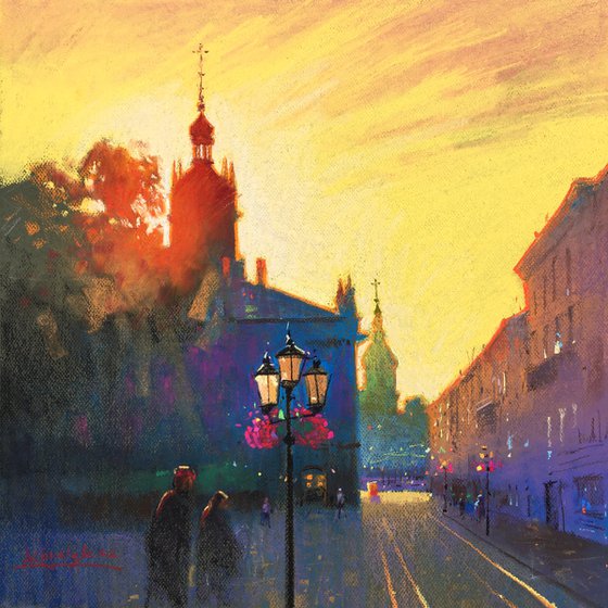 Light. Ukrainian city of Lviv. Soft pastel drawing 19.6x19.6 inch (50x50 cm)