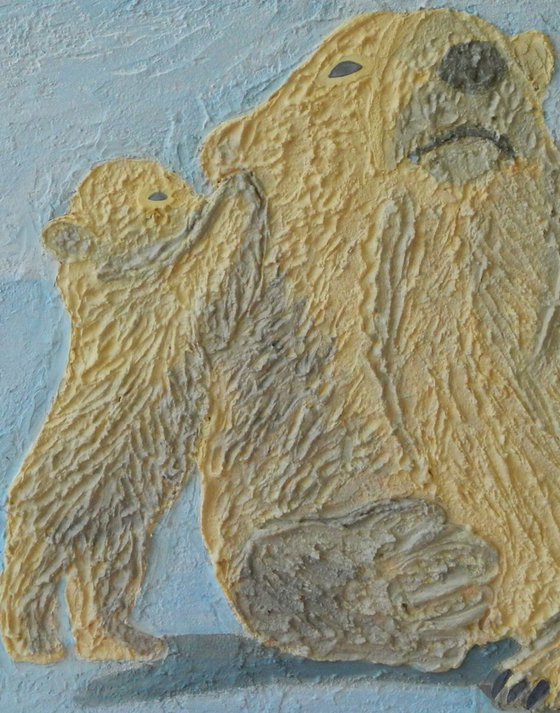 Polar Secrets - modern abstract polar bear mother, cub, animal impasto painting