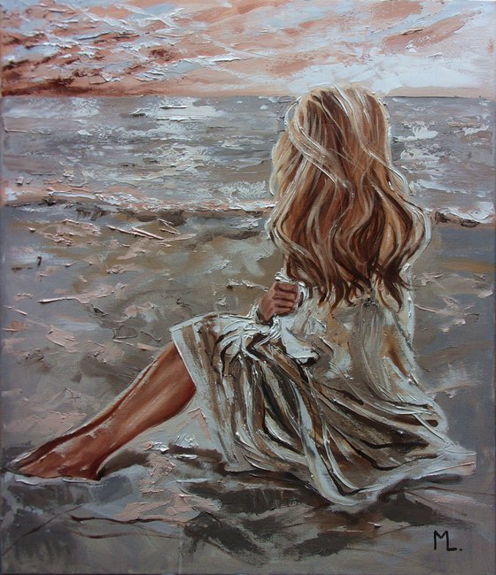 " SILENCE ... "- SKY SEA SAND liGHt  ORIGINAL OIL PAINTING, GIFT, PALETTE KNIFE