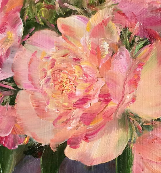 CORAL PEONIES IN A VASE - Still life. Delicate peonies. Unusual flowers. Blooming buds. Pastel shades. Luxurious. Peach.