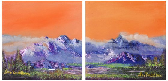 Mountains landscape. Diptych - original oil painting
