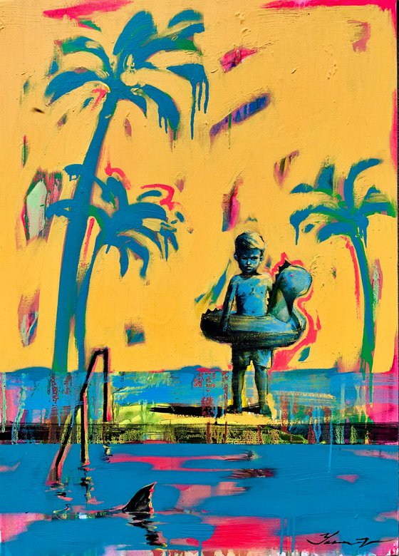 Bright summer painting - "Small swimmer and shark" - Pop Art - Pool - Palms - Landscape - California - Nature - Yellow&Blue