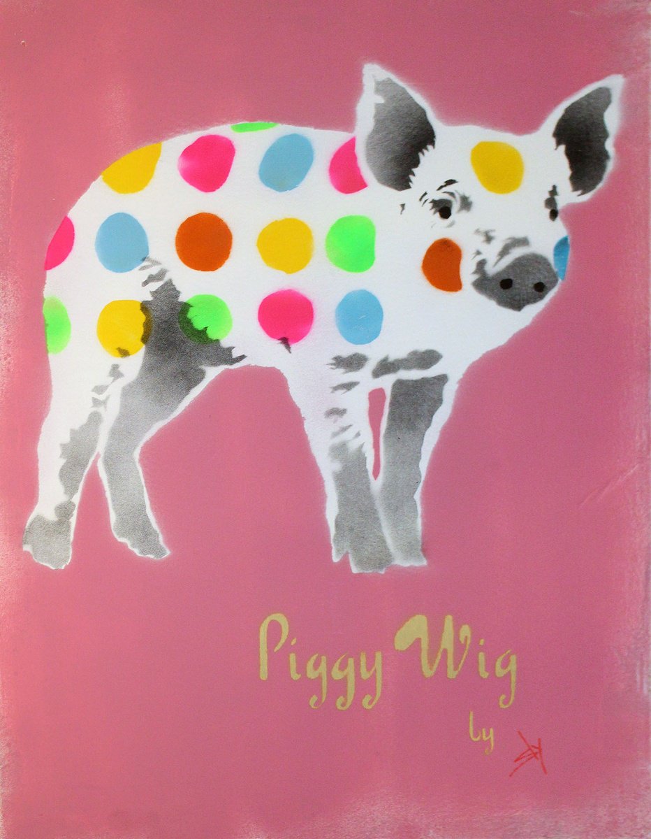 Urban And Pop Animal Painting By Juan Sly, 23 X 30", Piggywig (Pink) Free Poem! (U), Original Artwork