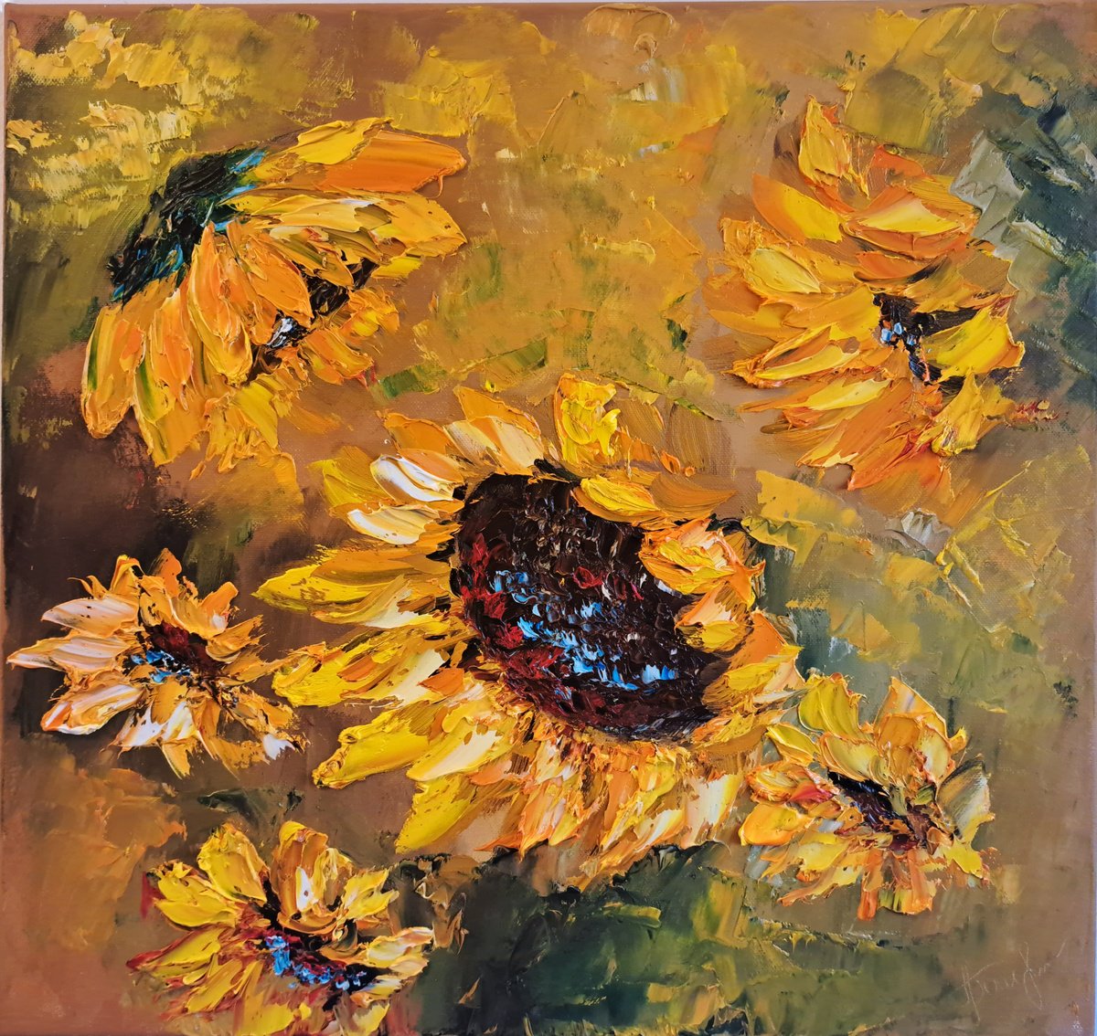 Impressionistic Botanical Oil Painting By Oksana Fedorova, 20 X 20", Yellow Sunflowers, Original Artwork