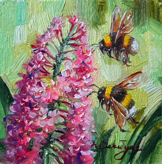 Bumblebee oil painting original small framed, Bee art small painting framed picture