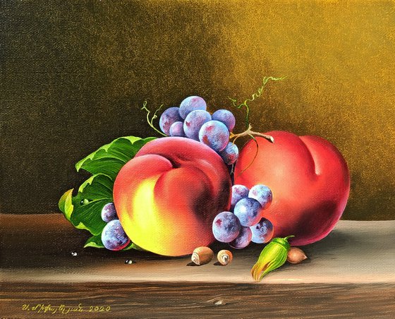 Still life-peaches and grapes(24x30cm, oil painting, ready to hang)