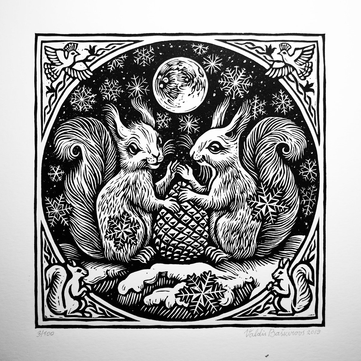 Squirrel Chickaree Linocut Print. Pine Squirrels Couple Art. Douglas Squirrel Lino Block P... by Valdis Baskirovs