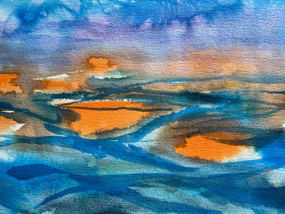 Seascape Watercolor Painting, Sea Ocean Wall Art, Sunset Large Original Painting, Coastal Home Decor