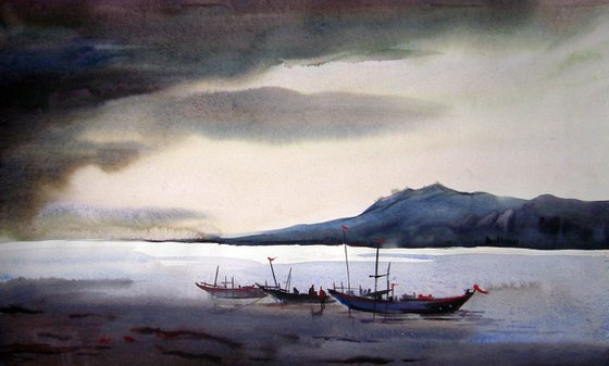 Storm & Fishing Boat - Watercolor painting