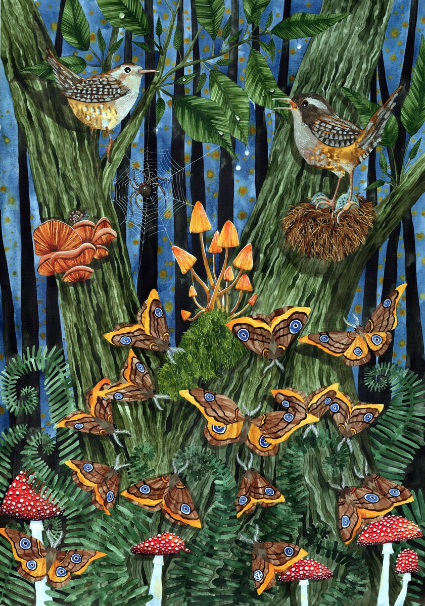 Illustrative Animal Painting By Terri Smith, 27 X 37", Mothy Gathering, Original Artwork