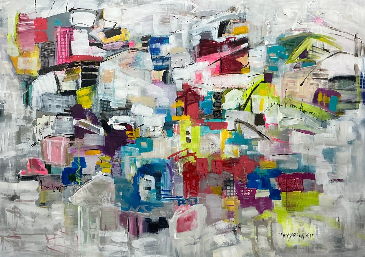 Expressive Cityscapes Acrylic Painting By Marie Manon, 58 X 40", Joyful City, Original Artwork