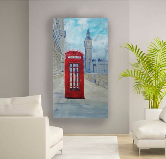 London red telephone box 90x160cm Big Ben S051 Palace of Westminster Large impressionism acrylic painting on unstretched canvas art