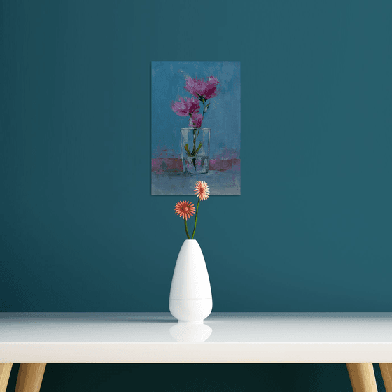 Red flowers in glas. Still life painting with flowers