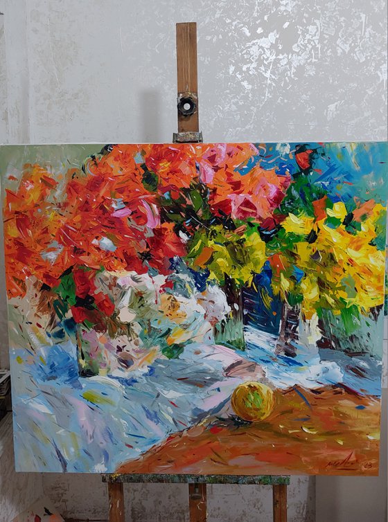 Abstract still life (100x110cm, oil/canvas, palette knife)