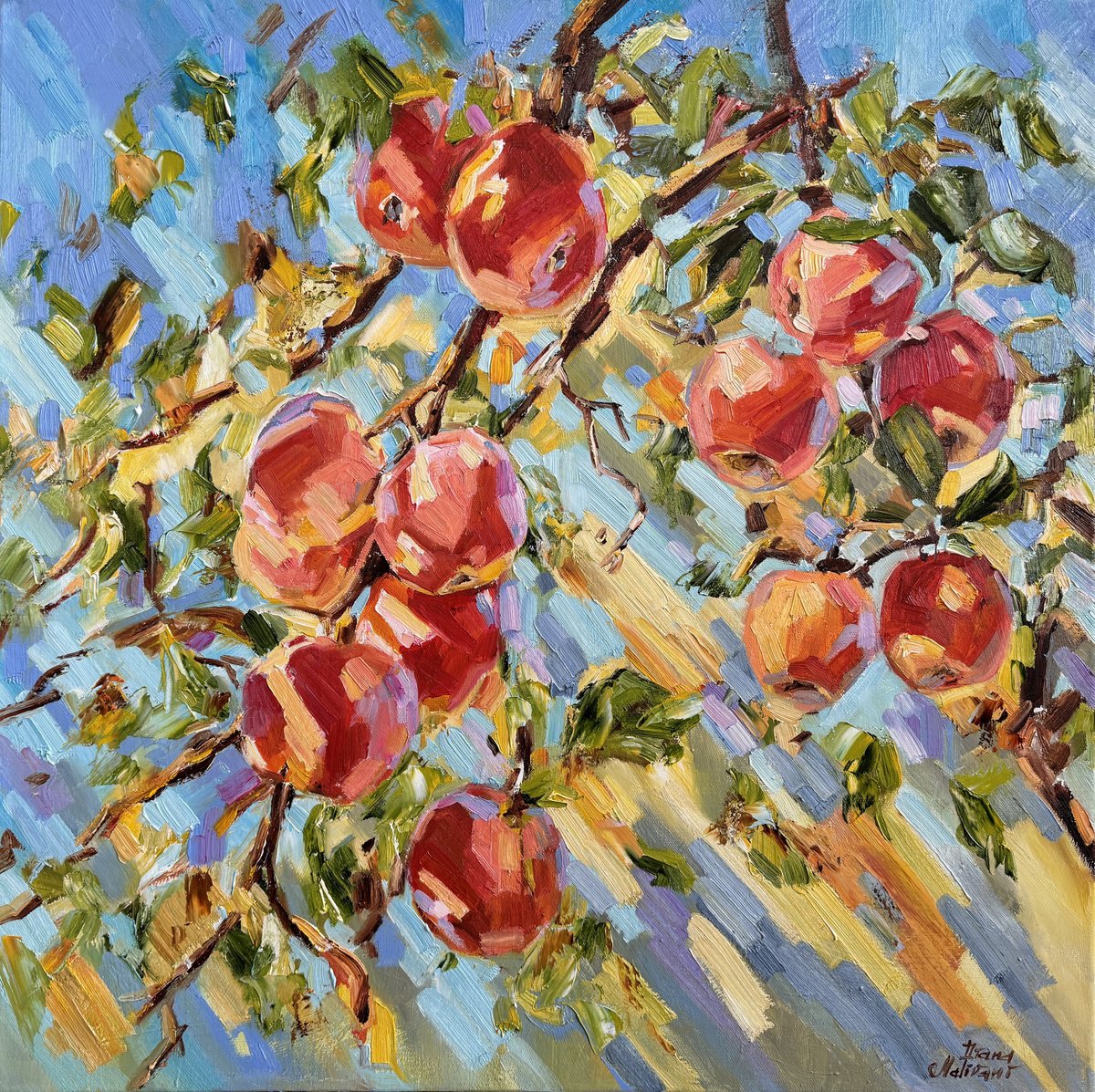 Impressionistic Botanical Oil Painting By Diana Malivani, 24 X 24, Les Pommes Sous Le Soleil, Original Artwork