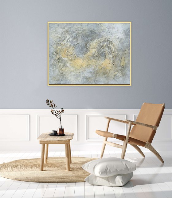 GOLDEN OCEAN. Large Abstract Gray Gold Textured Painting. Modern Art Neutral Colors, Beige, White Abstraction Landscape Contemporary Seascape Artwork for Living Room or Bedroom