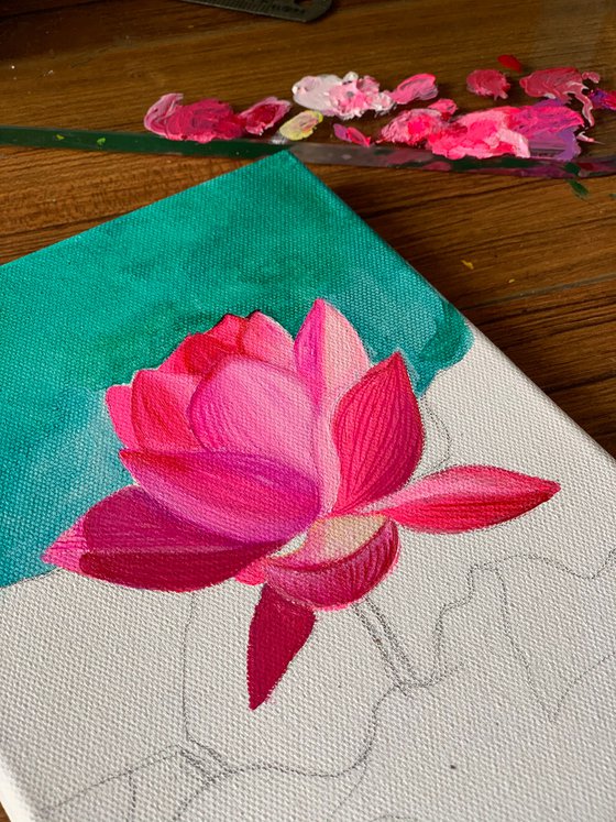 Sunkissed pink lotus! Small ready to hang painting