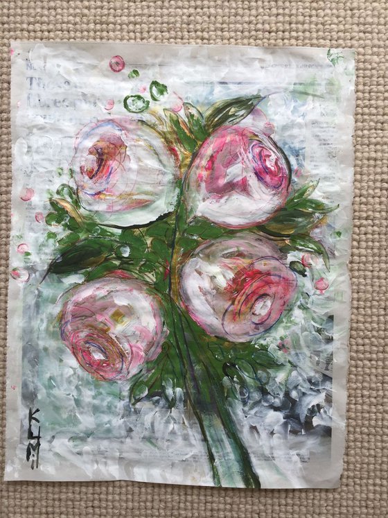 Pink Roses I Acrylic on Newspaper Nature Art Flower Painting of Colour Floral Art Still Life 37x29cm Gift Ideas Original Art Modern Art Contemporary Painting Abstract Art For Sale Buy Original Art Free Shipping