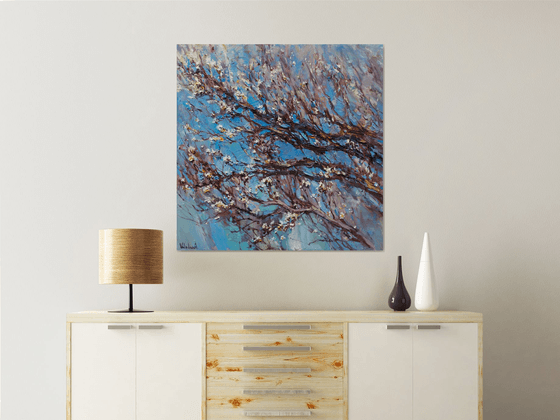 Flowering apricot tree - Original oil painting