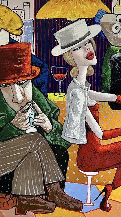 Lady in red playing a white piano by Ta Byrne