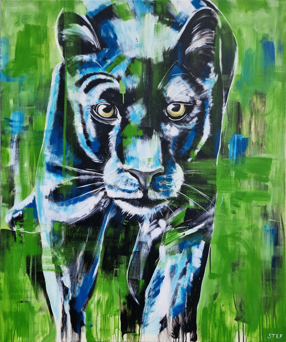 Expressive Animal Acrylic Painting By Stefanie Rogge, 39 X 47", Panther #2 - Red List, Original Artwork