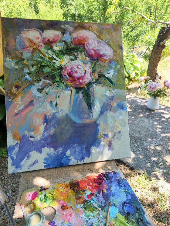 Peonies in the morning garden