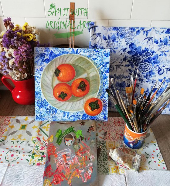 Plated Persimmons on Table