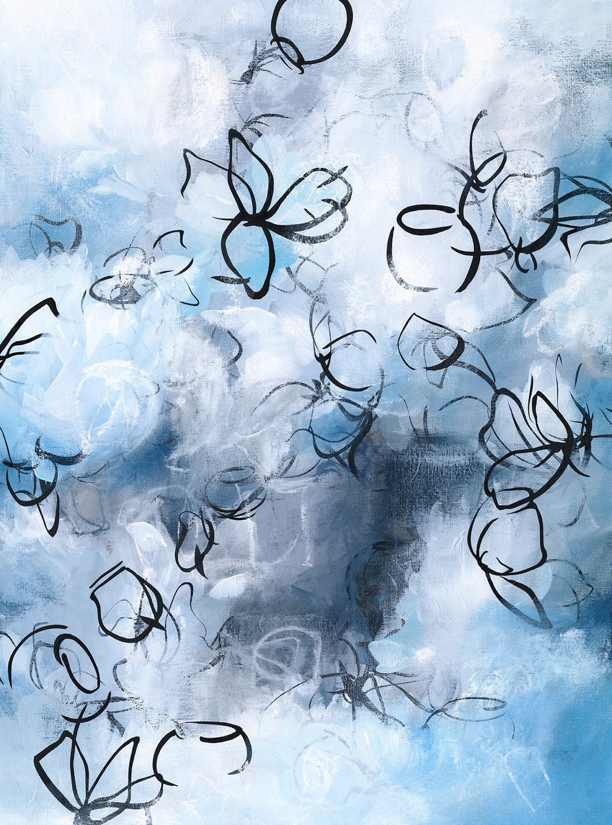 Expressive Abstract Acrylic Painting By Sara Richardson Artist, 18 X 24", Sonnet In Blue No.8, Original Artwork