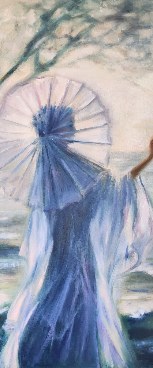 Portrait of Woman with Umbrella at Sea Shore Sunset Modern Blue Art by Anastasia Art Line