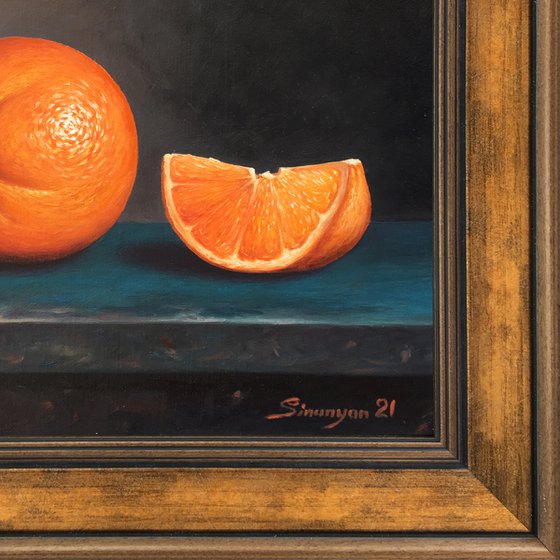 Still life - orange (25x25cm, oil on canvas, framed)